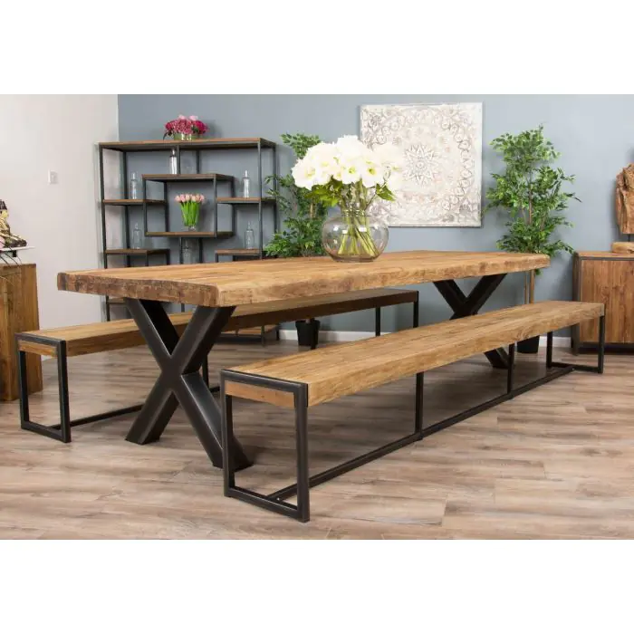 3m Reclaimed Teak Urban Fusion Dining Table with 2 Backless Benches - 2