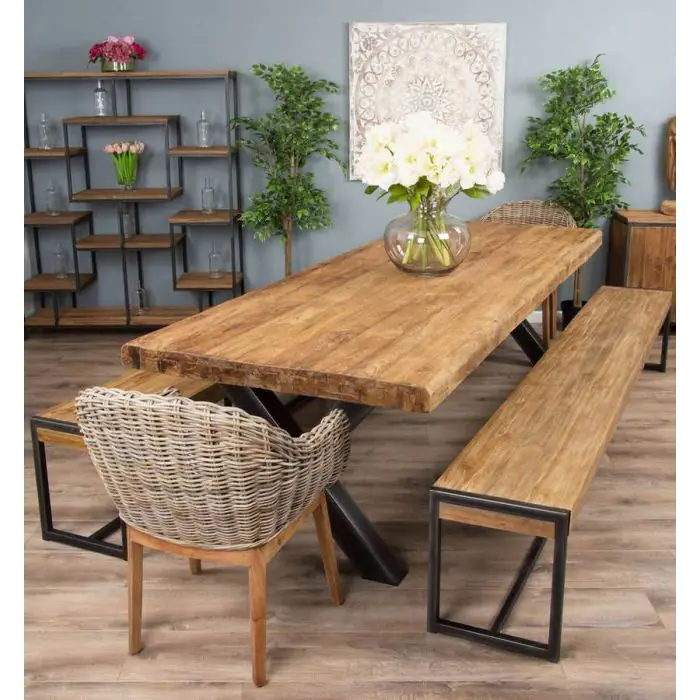 3m Reclaimed Teak Urban Fusion Dining Table with 2 Backless Benches - 3