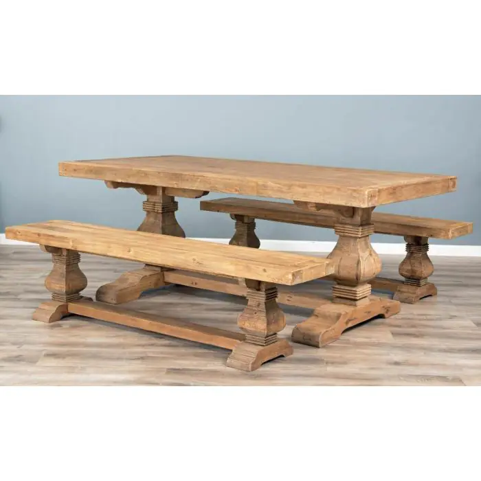 2m Reclaimed Elm Pedestal Dining Table with 2 Backless Benches - 8