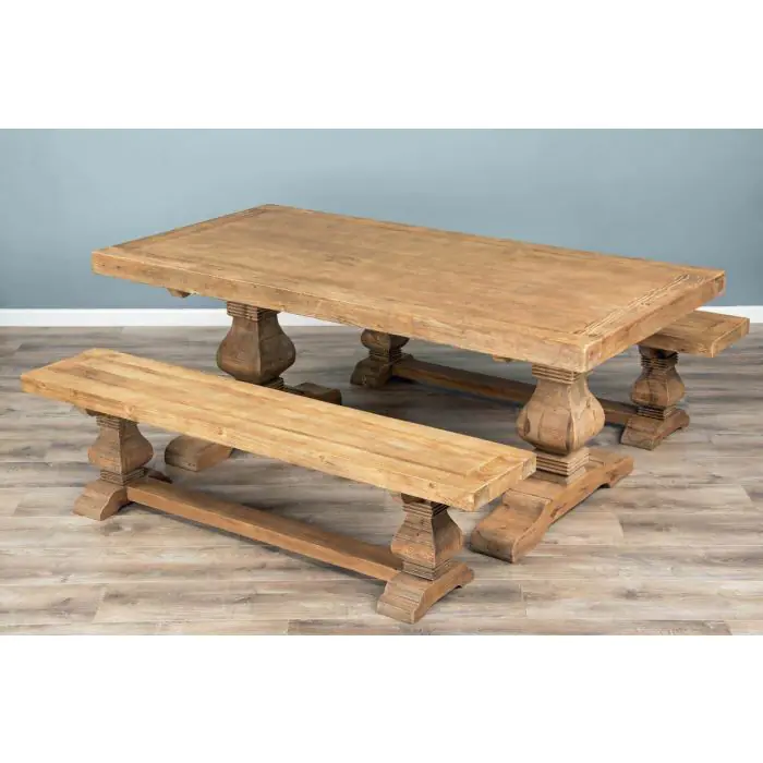 2m Reclaimed Elm Pedestal Dining Table with 2 Backless Benches - 1