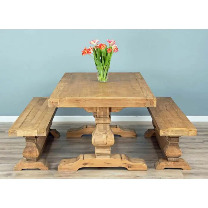 2m Reclaimed Elm Pedestal Dining Table with 2 Backless Benches - 0