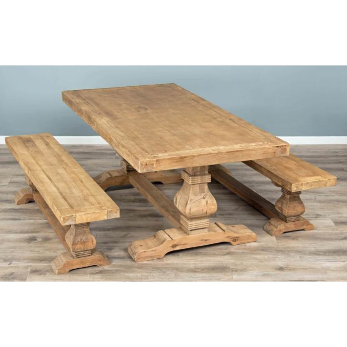 2m Reclaimed Elm Pedestal Dining Table with 2 Backless Benches