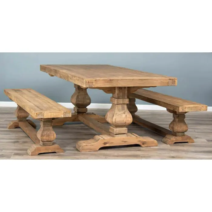 2m Reclaimed Elm Pedestal Dining Table with 2 Backless Benches - 4
