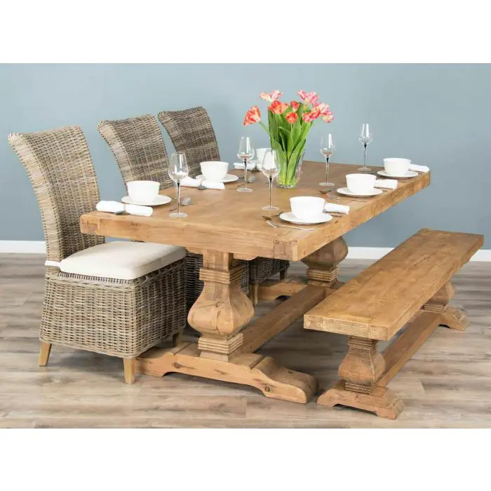 2m Reclaimed Elm Pedestal Dining Table with 3 Latifa Chairs and 1 Backless Bench - 1