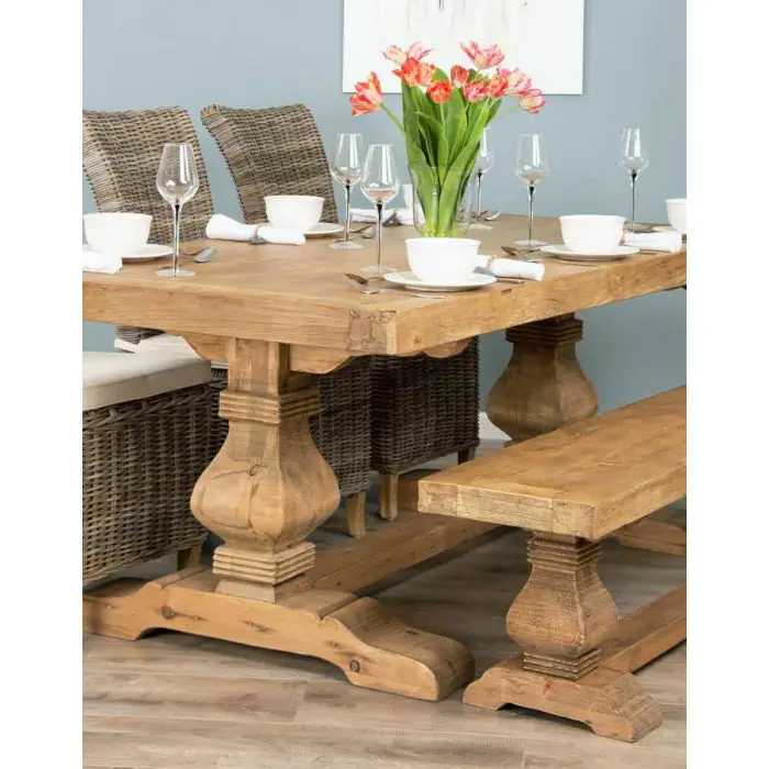 2m Reclaimed Elm Pedestal Dining Table with 3 Latifa Chairs and 1 Backless Bench - 2