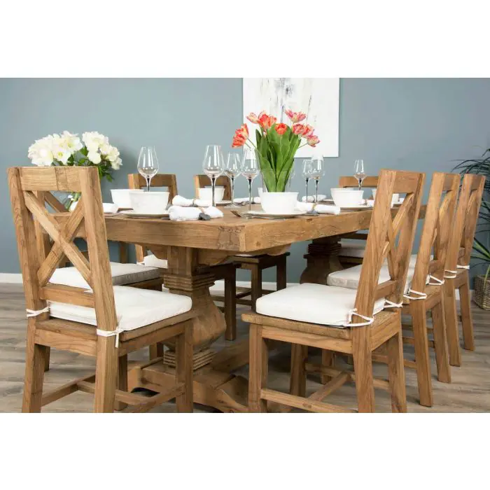 2m Reclaimed Elm Pedestal Dining Table with 8 Elm Crossback Chairs - 2