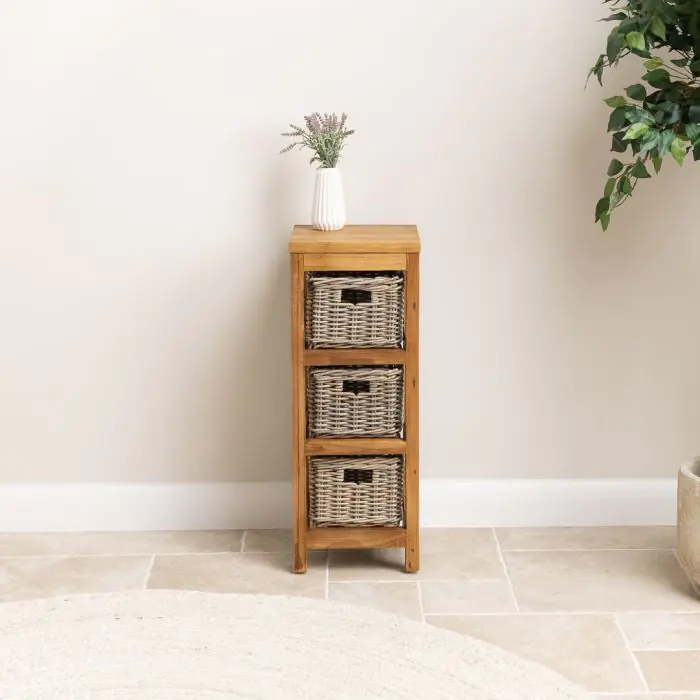 Reclaimed Teak Storage Unit with 3 Natural Wicker Baskets - 1