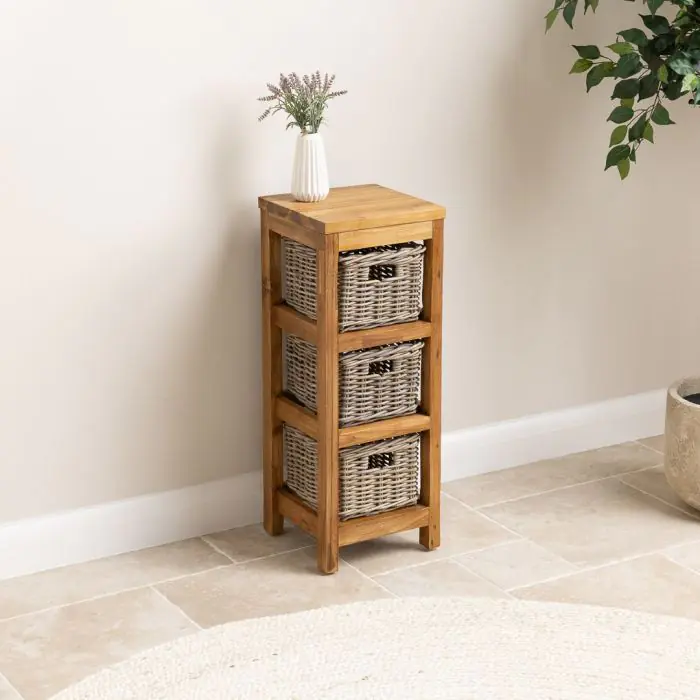 Reclaimed Teak Storage Unit with 3 Natural Wicker Baskets - 2
