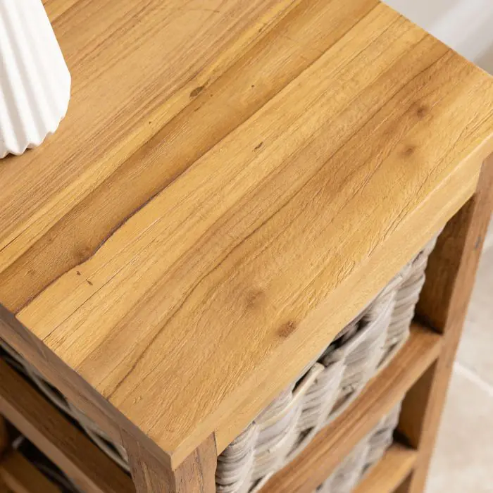 Reclaimed Teak Storage Unit with 3 Natural Wicker Baskets - 5