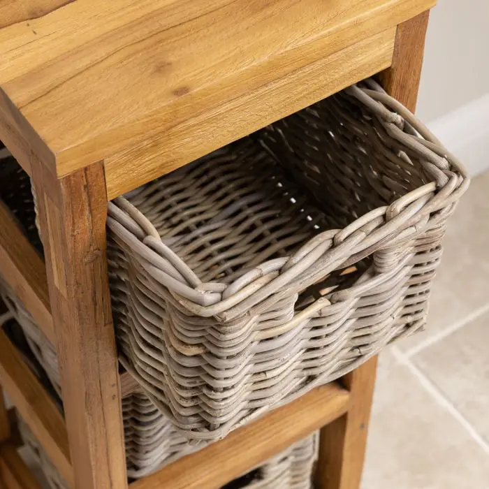 Reclaimed Teak Storage Unit with 3 Natural Wicker Baskets - 4