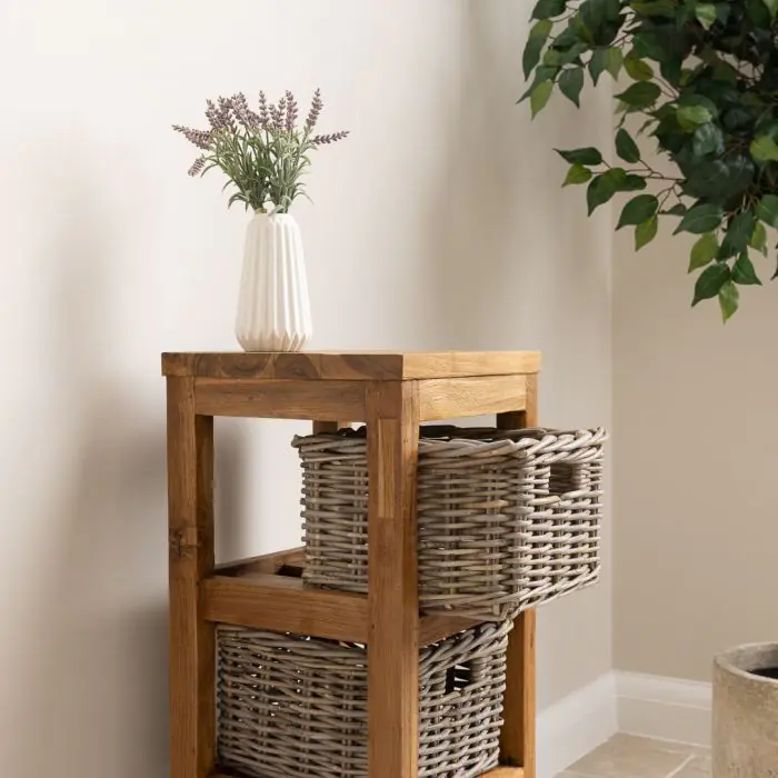 Reclaimed Teak Storage Unit with 3 Natural Wicker Baskets - 3