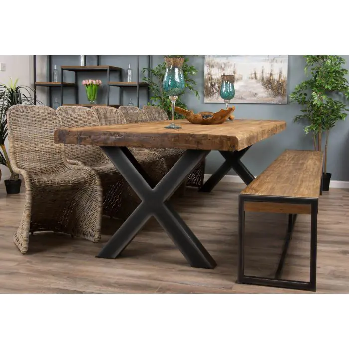 3m Reclaimed Teak Urban Fusion Dining Table with 1 Backless Bench and 5 Zorro Chairs - 2