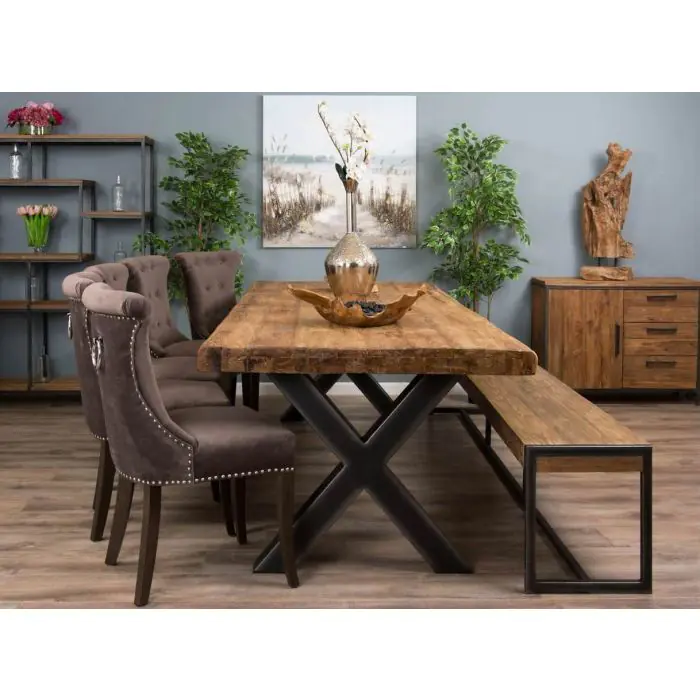 3m Reclaimed Teak Urban Fusion Dining Table with 1 Bench and 5 Velveteen Ring Back Chairs - 5