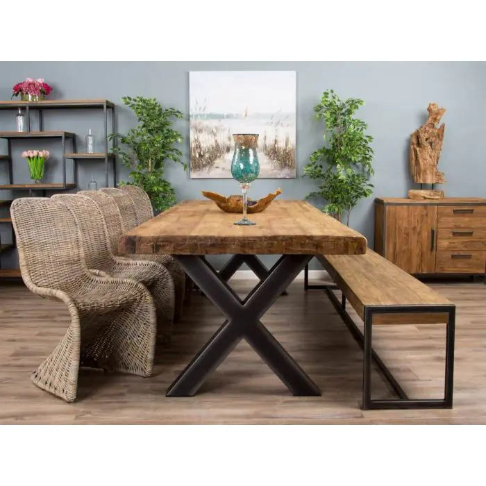 3m Reclaimed Teak Urban Fusion Dining Table with 1 Backless Bench and 5 Zorro Chairs - 3