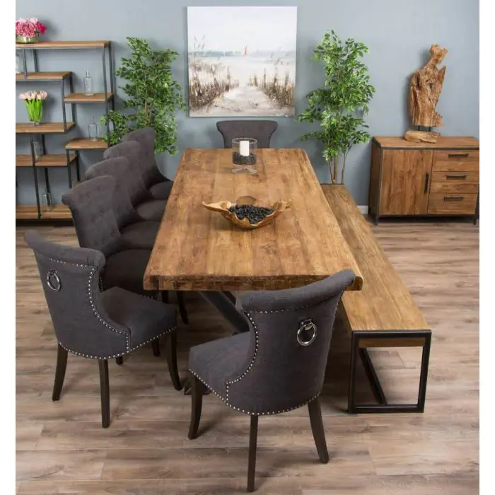 3m Reclaimed Teak Urban Fusion Dining Table with 1 Backless Bench and 5 Windsor Ring Back Chairs - 6