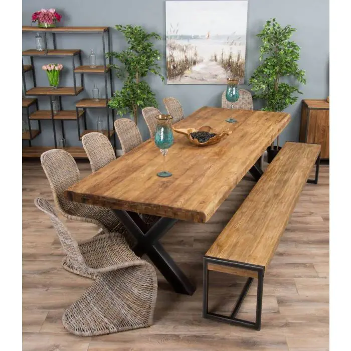 3m Reclaimed Teak Urban Fusion Dining Table with 1 Backless Bench and 5 Zorro Chairs - 5