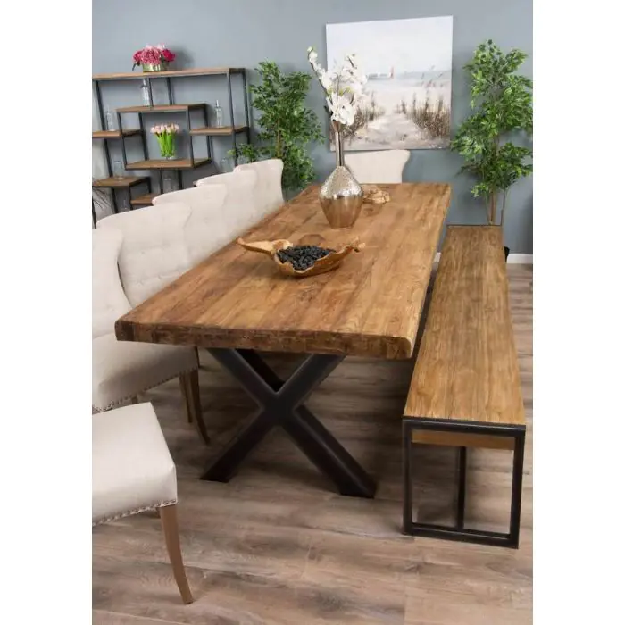 3m Reclaimed Teak Urban Fusion Dining Table with 1 Backless Bench and 5 Windsor Ring Back Chairs - 6