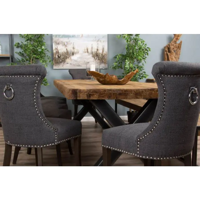 3m Reclaimed Teak Urban Fusion Dining Table with 1 Backless Bench and 5 Windsor Ring Back Chairs - 9