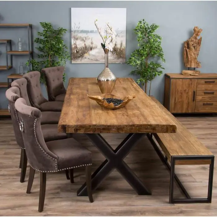 3m Reclaimed Teak Urban Fusion Dining Table with 1 Bench and 5 Velveteen Ring Back Chairs - 3