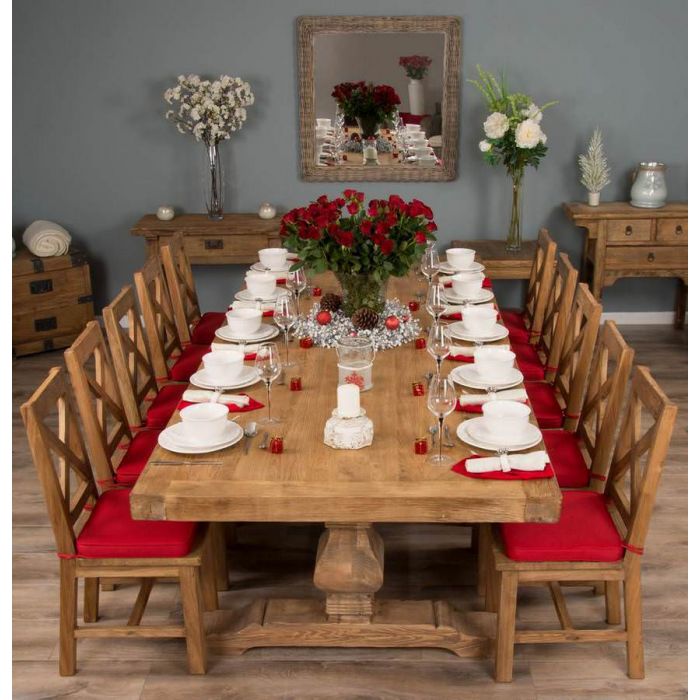 3m Reclaimed Elm Pedestal Dining Table with 10 Elm Cross Back Dining