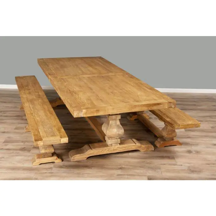3m Reclaimed Elm Pedestal Dining Table with 2 Benches  - 11