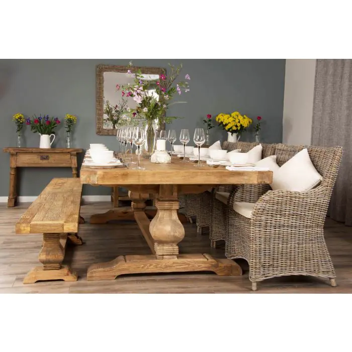 3m Reclaimed Elm Pedestal Dining Table with 5 Donna Armchairs and 1 Bench - 4