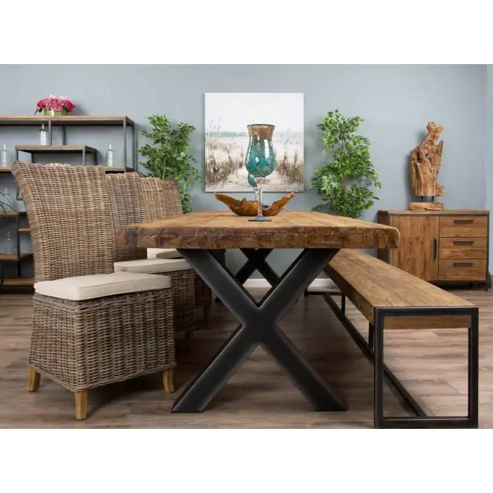 3m Reclaimed Teak Urban Fusion Dining Table with 1 Backless Bench and 4 Latifa Chairs  - 2