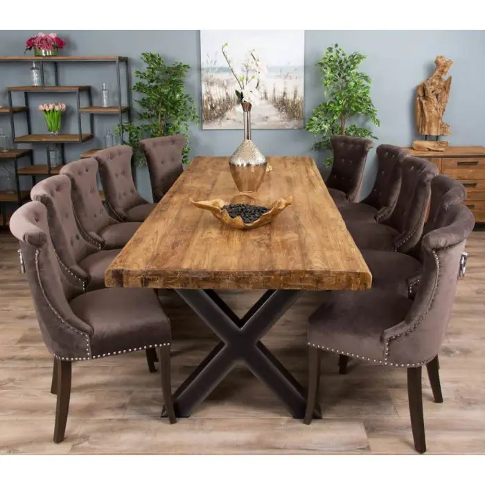 3m Reclaimed Teak Urban Fusion Dining Table with 10 Velveteen Ring Back Chairs  - 6