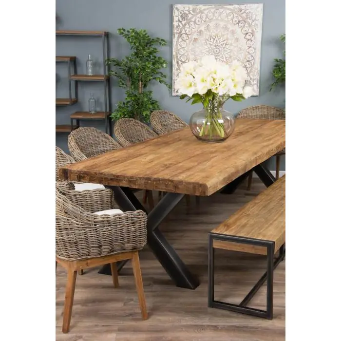 3m Reclaimed Teak Urban Fusion Dining Table with 1 Backless Bench and 4 Scandi Armchairs - 9