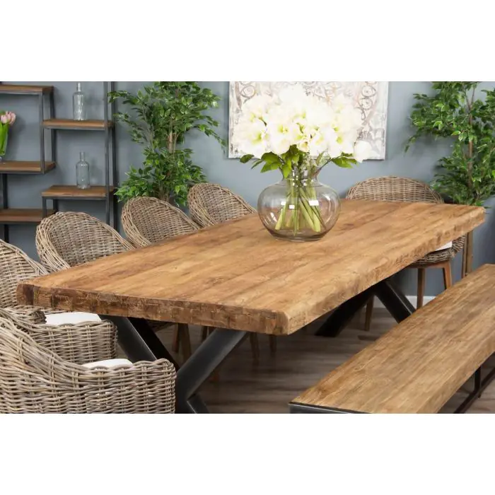 3m Reclaimed Teak Urban Fusion Dining Table with 1 Backless Bench and 4 Scandi Armchairs - 7