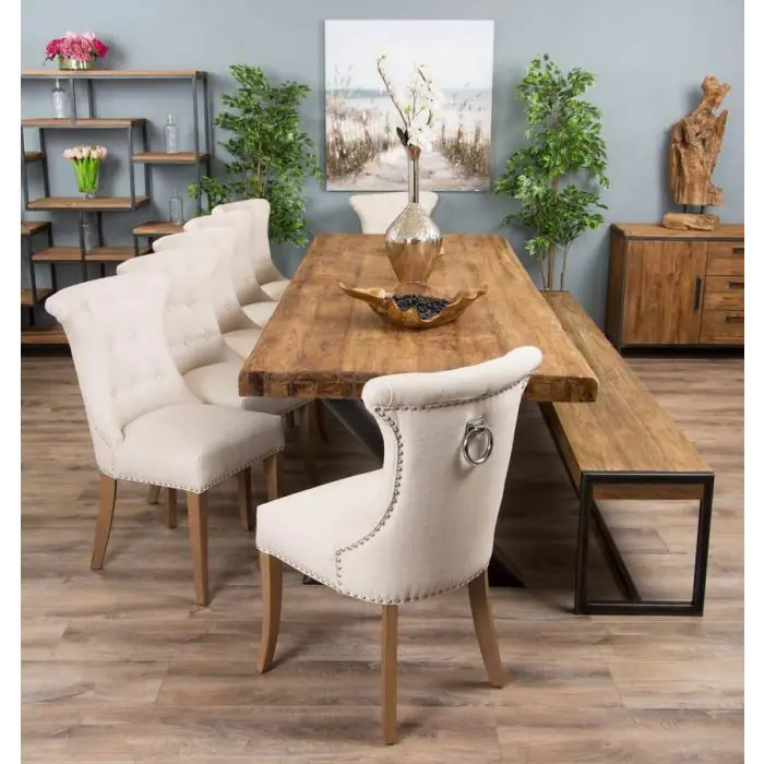 3m Reclaimed Teak Urban Fusion Dining Table with 1 Backless Bench and 5 Windsor Ring Back Chairs - 8