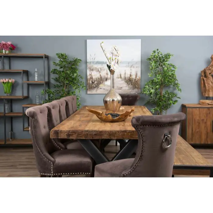 3m Reclaimed Teak Urban Fusion Dining Table with 1 Bench and 5 Velveteen Ring Back Chairs - 10