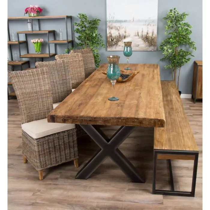 3m Reclaimed Teak Urban Fusion Dining Table with 1 Backless Bench and 4 Latifa Chairs  - 1