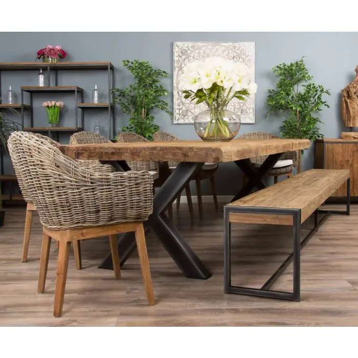 3m Reclaimed Teak Urban Fusion Dining Table with 1 Backless Bench and 4 Scandi Armchairs - 10