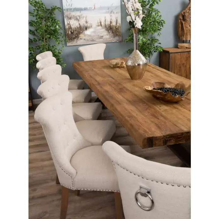 3m Reclaimed Teak Urban Fusion Dining Table with 1 Backless Bench and 5 Windsor Ring Back Chairs - 9