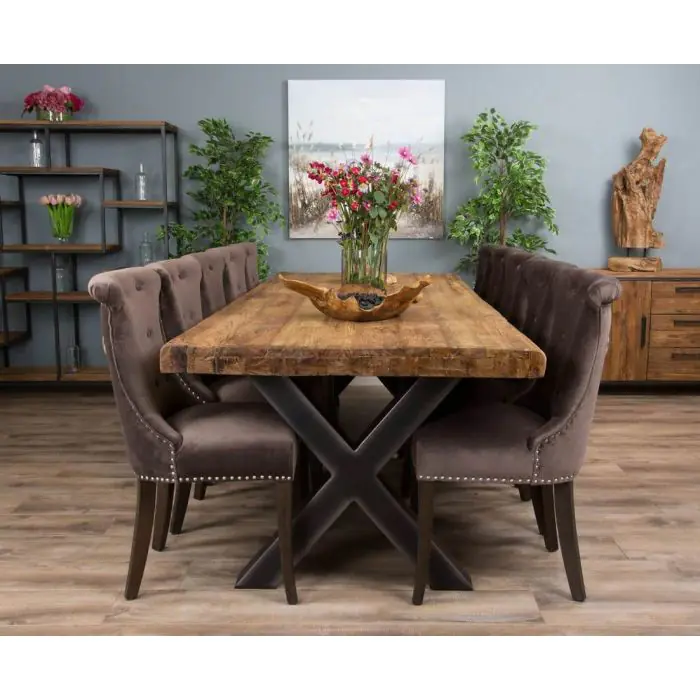 3m Reclaimed Teak Urban Fusion Dining Table with 10 Velveteen Ring Back Chairs  - 3