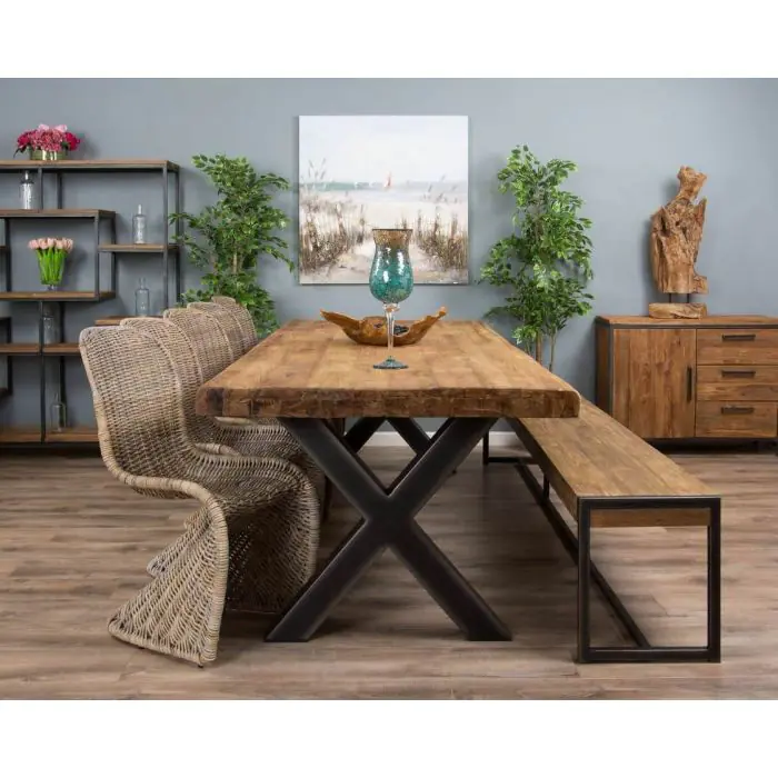3m Reclaimed Teak Urban Fusion Dining Table with 1 Backless Bench and 5 Zorro Chairs - 1