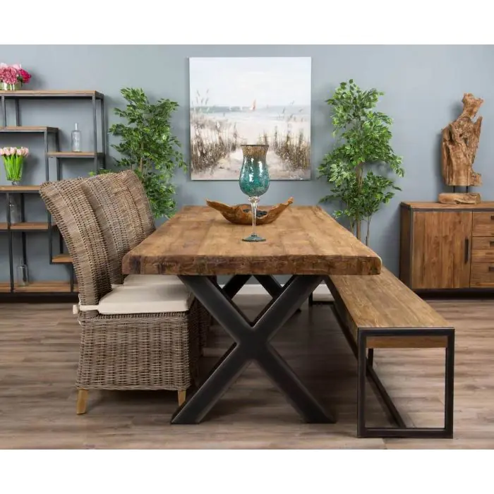 3m Reclaimed Teak Urban Fusion Dining Table with 1 Backless Bench and 4 Latifa Chairs  - 3