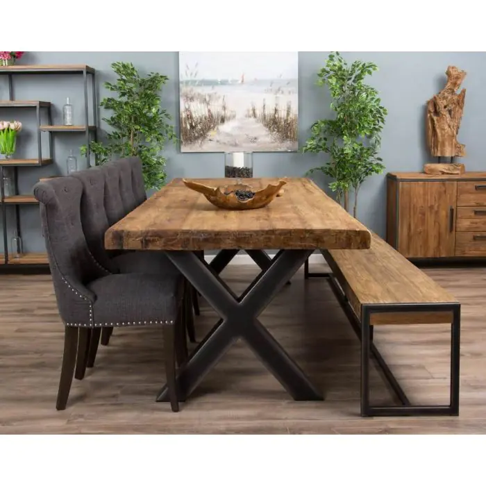 3m Reclaimed Teak Urban Fusion Dining Table with 1 Backless Bench and 5 Windsor Ring Back Chairs - 1
