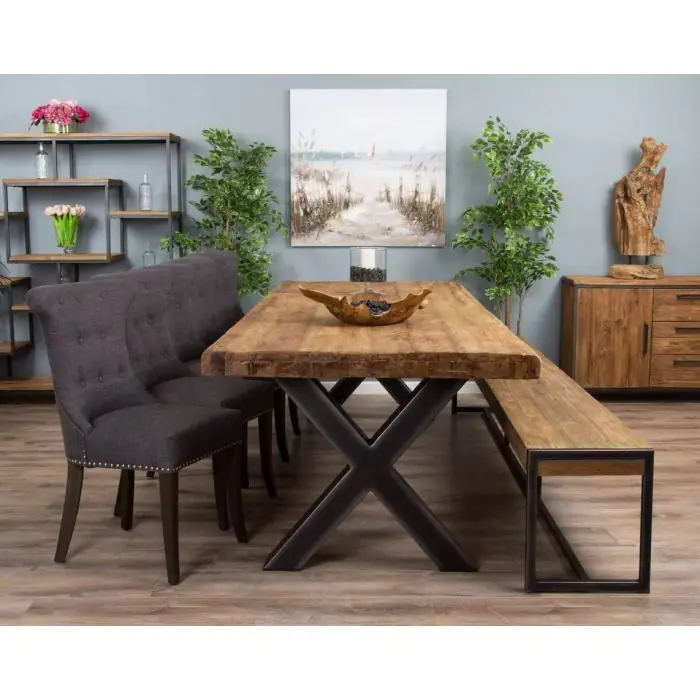 3m Reclaimed Teak Urban Fusion Dining Table with 1 Backless Bench and 5 Windsor Ring Back Chairs - 5