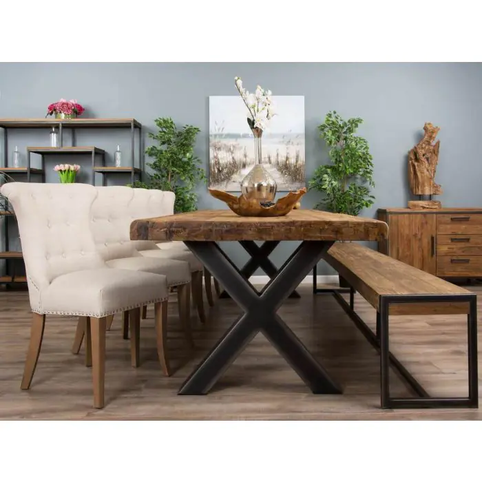 3m Reclaimed Teak Urban Fusion Dining Table with 1 Backless Bench and 5 Windsor Ring Back Chairs - 3
