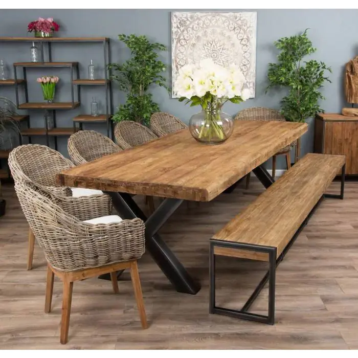 3m Reclaimed Teak Urban Fusion Dining Table with 1 Backless Bench and 4 Scandi Armchairs - 8