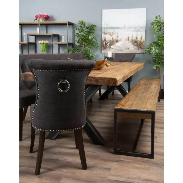 3m Reclaimed Teak Urban Fusion Dining Table with 1 Backless Bench and 5 Windsor Ring Back Chairs - 7