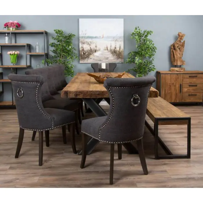 3m Reclaimed Teak Urban Fusion Dining Table with 1 Backless Bench and 5 Windsor Ring Back Chairs - 8