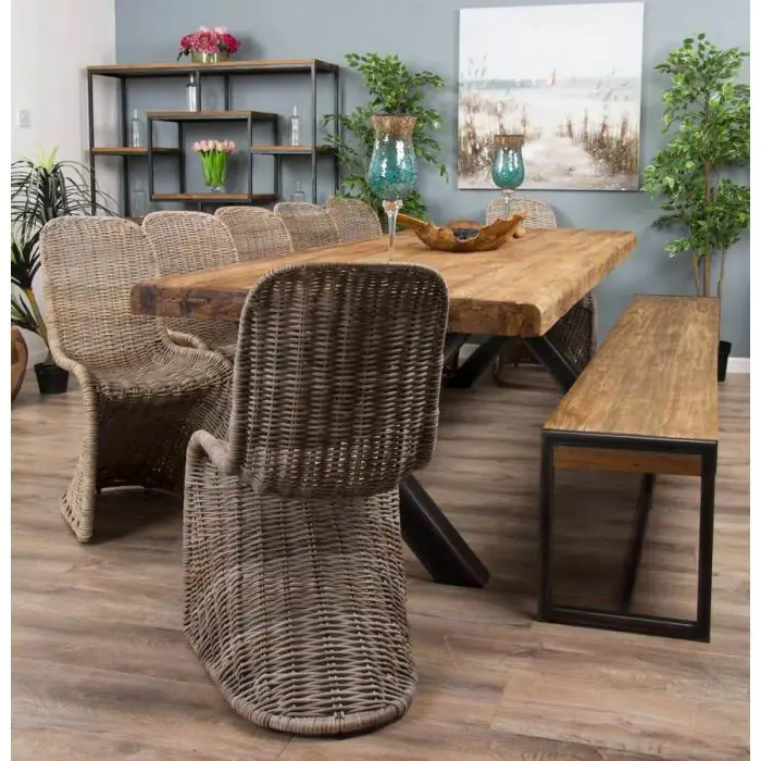3m Reclaimed Teak Urban Fusion Dining Table with 1 Backless Bench and 5 Zorro Chairs - 10