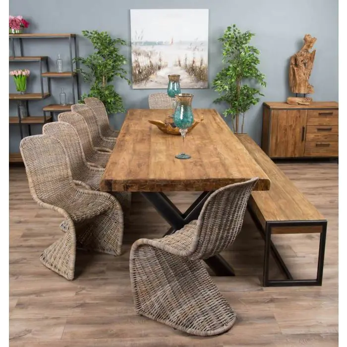 3m Reclaimed Teak Urban Fusion Dining Table with 1 Backless Bench and 5 Zorro Chairs - 11