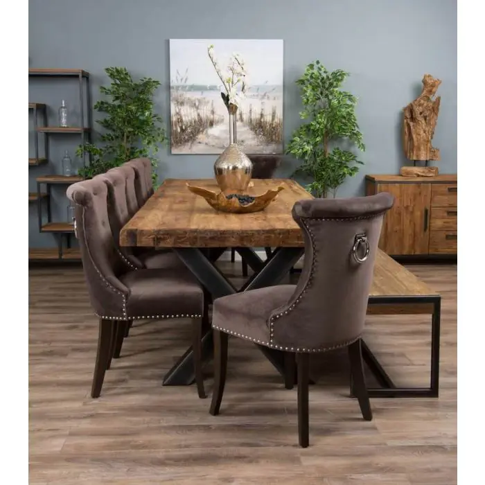 3m Reclaimed Teak Urban Fusion Dining Table with 1 Bench and 5 Velveteen Ring Back Chairs - 7
