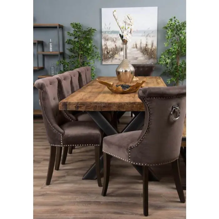 3m Reclaimed Teak Urban Fusion Dining Table with 1 Bench and 5 Velveteen Ring Back Chairs - 8