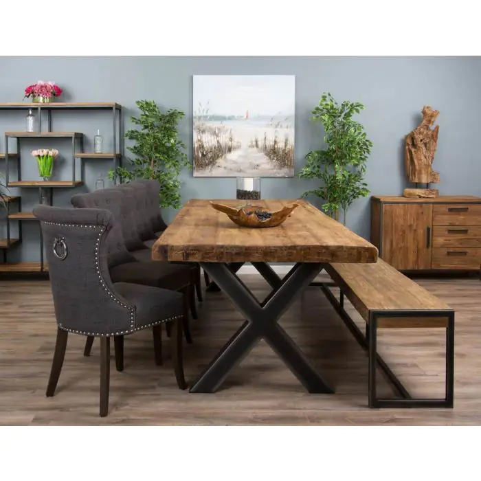 3m Reclaimed Teak Urban Fusion Dining Table with 1 Backless Bench and 5 Windsor Ring Back Chairs - 3