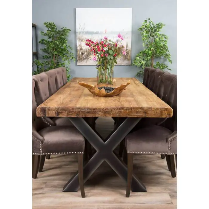 3m Reclaimed Teak Urban Fusion Dining Table with 10 Velveteen Ring Back Chairs  - 5